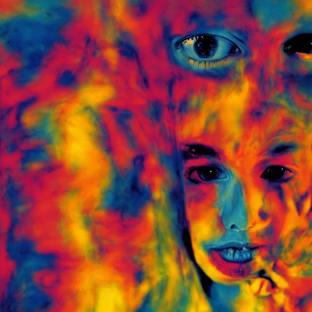 Image similar to award winning photo of a lsd trip, vivid colors, happy, symmetrical face, beautiful eyes, studio lighting, wide shot art by sally mann & arnold newman