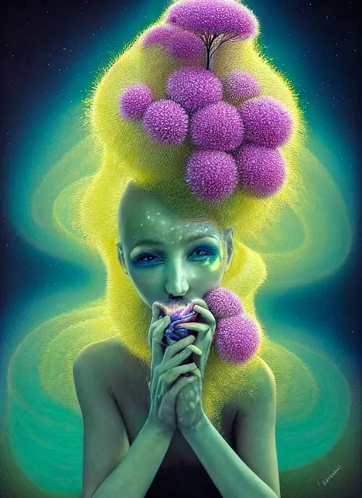 Prompt: hyper detailed 3d render like a Oil painting - Aurora (Singer) looking adorable and seen joyfully Eating of the Strangling network of yellowcake aerochrome and milky Fruit and Her delicate Hands hold of gossamer polyp blossoms bring iridescent fungal flowers whose spores black the foolish stars to her smirking mouth by Jacek Yerka, Mariusz Lewandowski, Houdini algorithmic generative render, Abstract brush strokes, Masterpiece, Edward Hopper and James Gilleard, Zdzislaw Beksinski, Mark Ryden, Wolfgang Lettl, hints of Yayoi Kasuma, octane render, 8k