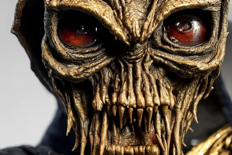 Prompt: photo taken of an epic intricate, ultra detailed, super realistic sculpture of a nightmarish hellish demonic hooded grim reaper animatronic on display in a workshop, created by weta workshop, zoomed in shots, photorealistic, sharp focus, f 0. 4, face centred, macro photography, golden ratio, golden hour