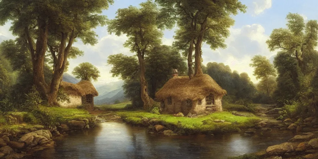 Image similar to a beautiful landscape painting of a cottage by a river in a valley, by john glover, oil on canvas, highly detailed, hd, 4 k