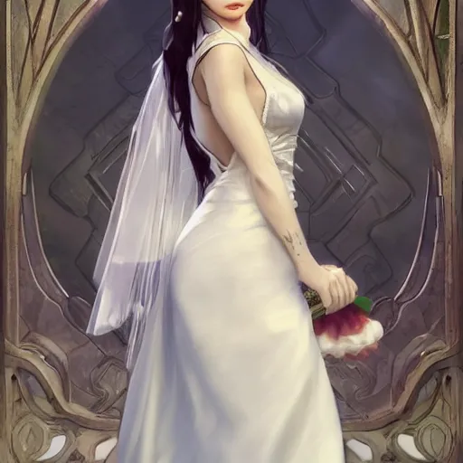 Image similar to cindy moon in a wedding dress, cg animation, riot entertainment, arcane, realistic, character select portrait, by artgerm, greg rutkowski, alphonse mucha, 3 d