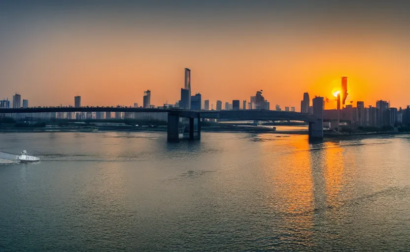 Prompt: a photo of wuhan yangtze river bridge, sunset, cinematic, 8 k, highly - detailed