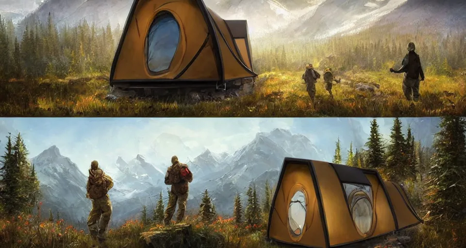 Prompt: cabela's beautiful comfortable carbon framed, military grade, modular insulated wall portable container home kit - house all weather family dwelling tent house, person in foreground, mountainous forested wilderness open fields, beautiful views, painterly concept art, environmental concept art, concept art illustration, by james gurney, by craig mullins, by greg rutkowski trending on artstation