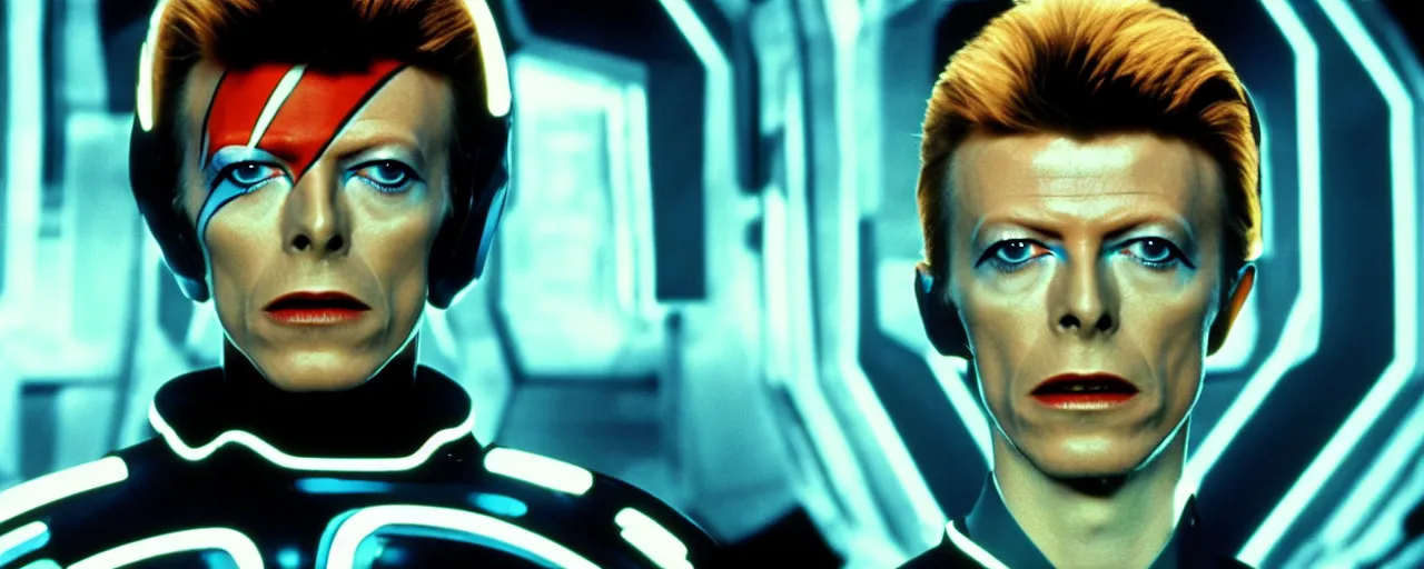 Prompt: a film still of david Bowie in tron high quality .