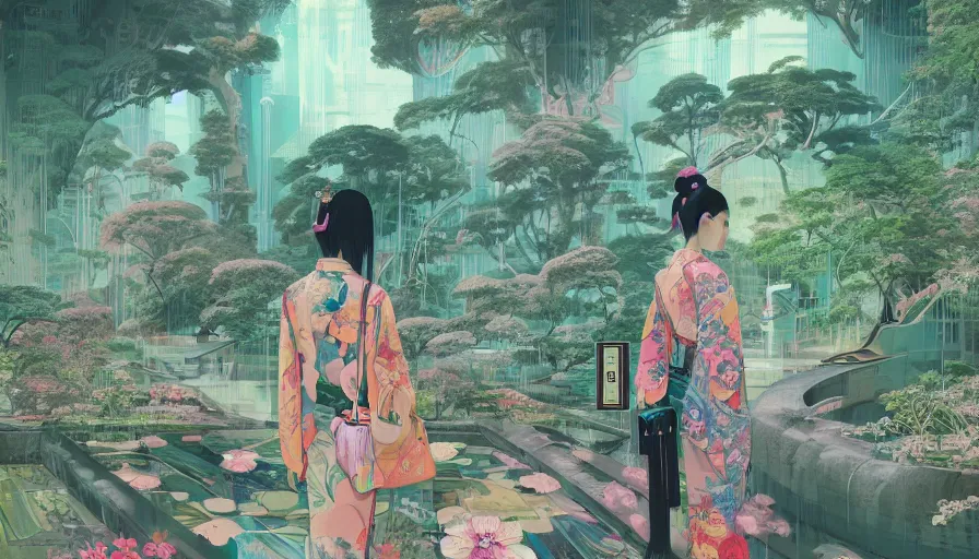 Image similar to a digital painting of a woman in the distance wearing gucci exploring a magical japanese temple, lush plants and flowers, eco - cyberpunk art by james jean, cgsociety, retrofuturism, anime aesthetic, chromatic, iridescent, uhd