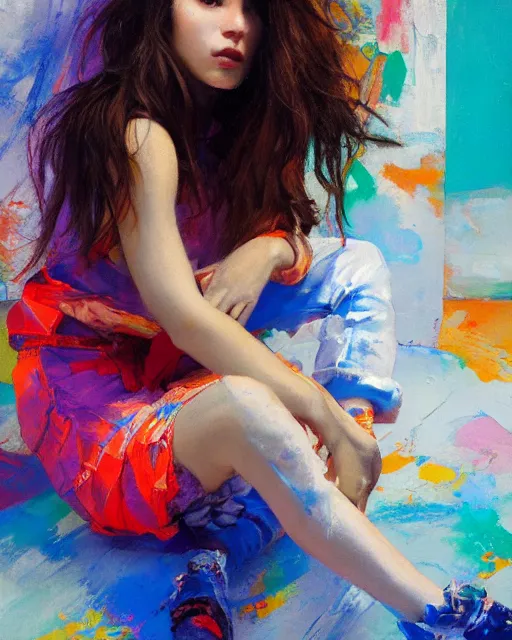 Prompt: a ultradetailed beautiful panting of a stylish woman sitting on the floor in a tiled room, she is wearing streetwear, bright colors, highly detailed face, oil painting, by ruan jia