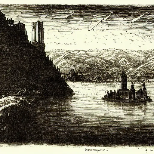 Prompt: Drawing of the Rhein 1523, illustration by Gustave Doré