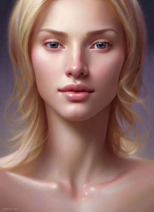 Image similar to beautiful feminine face!! portrait of young wife blessed by god with ever - increasing physical mental perfection, blonde, symmetrical!! intricate, sensual features, highly detailed, divine holy perfection!! smile, digital painting, artstation, concept art, smooth, sharp focus, illustration, art by artgerm and greg rutkowski and alphonse mucha