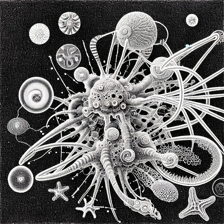 Image similar to a black and white drawing of a variety of sea life and filled with gundam mech equipment space station, a microscopic photo by ernst haeckel, zbrush central, kinetic pointillism, bioluminescence, biomechanical, intricate patterns, photoillustration