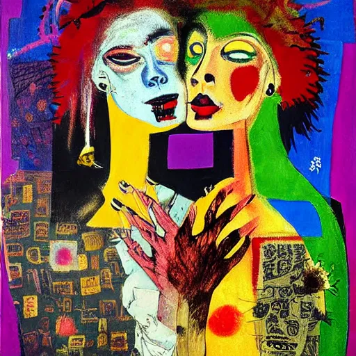 Image similar to beautiful painting of two bizarre psychedelic goth women kissing each other closeup in a cafe in japan, speculative evolution, mixed media collage by basquiat and jackson pollock, magazine collage art, sapphic art, lesbian art