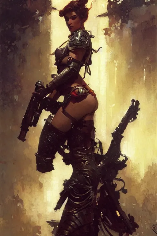 Image similar to futuristic women with medieval armor, holding a gun, painting by gaston bussiere, craig mullins, greg rutkowski, yoji shinkawa