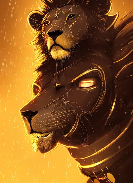 Image similar to award winning beautiful portrait commission of a male furry anthro lion fursona with a tail and a cute beautiful attractive detailed furry face wearing stylish black and gold cyberpunk clothes in a cyberpunk city at night while it rains. Character design by charlie bowater, ross tran, artgerm, and makoto shinkai, detailed, inked, western comic book art