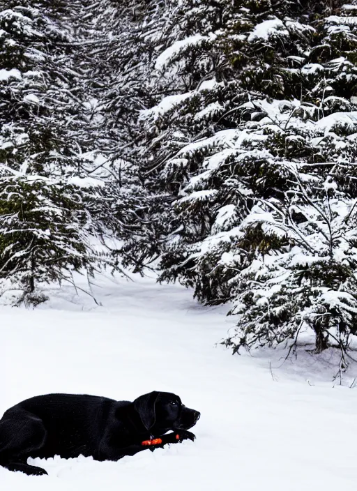 Prompt: A black Labrador laying in the snow in the mountains, XF IQ4, 150MP, 50mm, F1.4, ISO 200, 1/160s, natural light