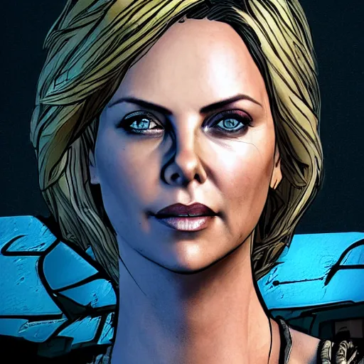 Image similar to charlize theron portrait, borderlands, tales from the borderlands, the wolf among us, comic, cinematic lighting, studio quality, 8 k