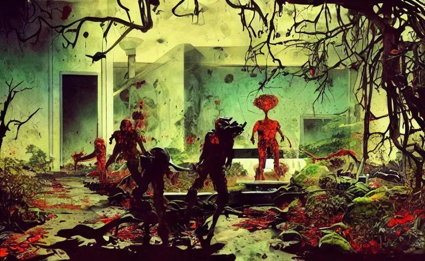 Image similar to abandoned taco bell overgrown with nature serving zombies. highly detailed science fiction painting by norman rockwell, frank frazetta, and syd mead. rich colors, high contrast, gloomy atmosphere, dark background. trending on artstation