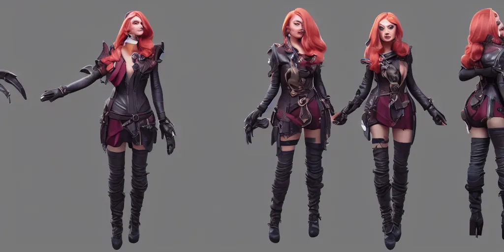 Prompt: character sheet of sophie turner as miss fortune (League of Legends). 3d render, octane render, iRay, ray tracing, realistic, highly detailed, trending on artstation, 4k, cgsociety, unreal engine 5, redshift render, blender cycles, behance, cg