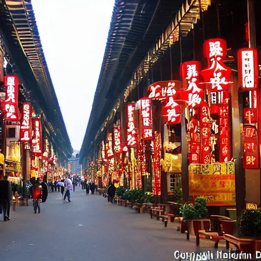 Image similar to A street full of restaurants in Hangzhou in the early 2000s, evening