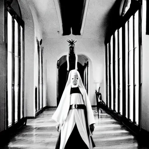 Image similar to black and white, award winning photo, levitating twin nuns, wearing pentgram necklace, Very long arms, in a sanctuary, eerie, frightening —width 1024 —height 1024