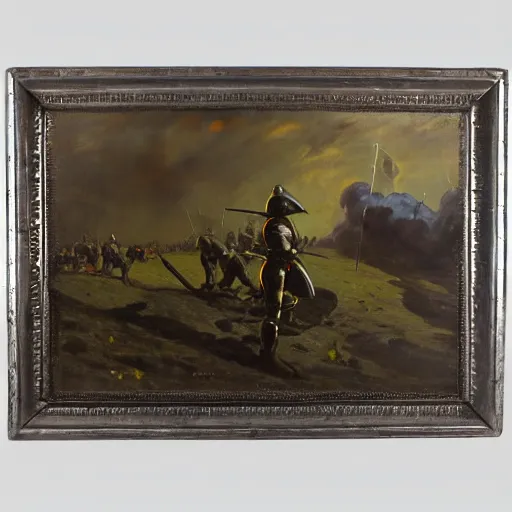 Prompt: oil painting of a ground covered in medieval silver soldier corpses, war, storm dawn, by Frank Frazetta, by Georgia O Keeffe