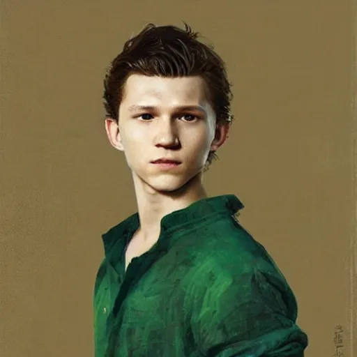 Prompt: attractive tom holland wearing green tunic by ruan jia, portrait