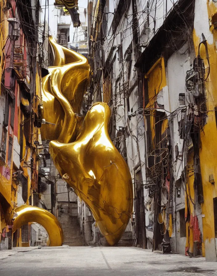 Prompt: vintage color photo of a massive liquid gold sculpture in a peruvian alley with white walls, still of a werner herzog documentary