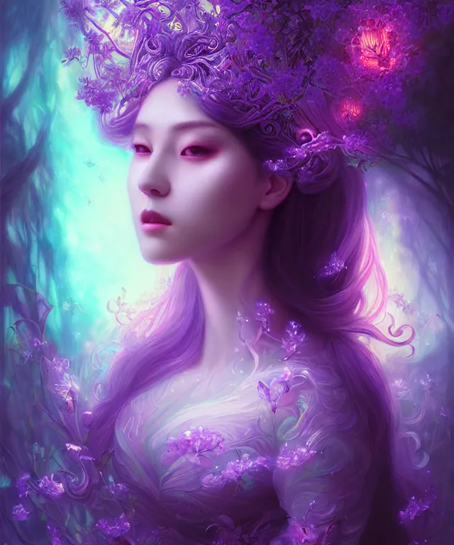 Prompt: ultra detailed, magical realism, portrait painting, of the beautiful empress within the enchanted purple forest, glowing purple, volumetric lighting, illusion, intricate details, by ross tran.