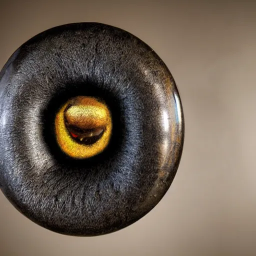 Image similar to a taxidermized frowning black hole, in a museum, 8 5 mm lens, 7 0 mm entrance pupil diameter, close - up photograph, high detail, 4 k, soft focus, depth of field