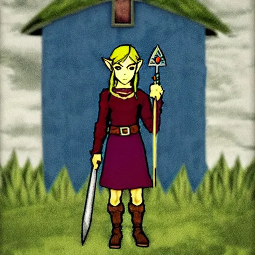 Prompt: the legend of Zelda in the style of American gothic