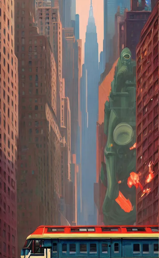 Image similar to A big train moving in the middle of new york city, very coherent, painted by Edward Hopper, Wayne Barlowe, painted by James Gilleard, airbrush, art by JamesJean