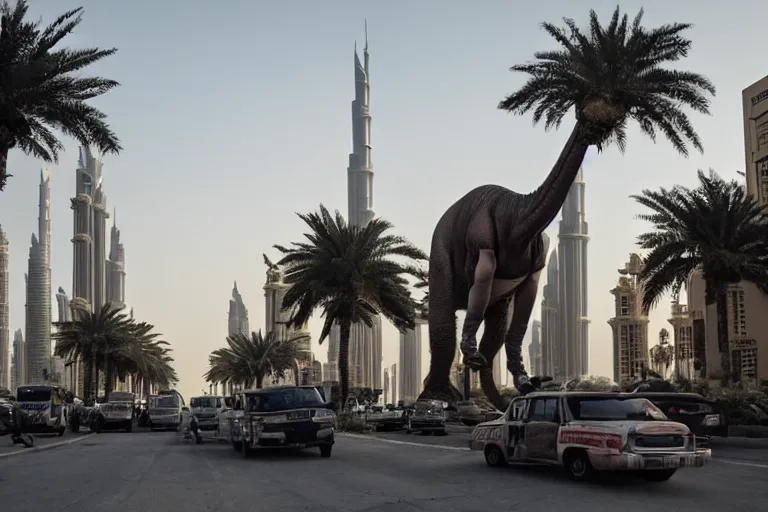 Prompt: cinematography dinosaurs in the streets of dubai by Emmanuel Lubezki