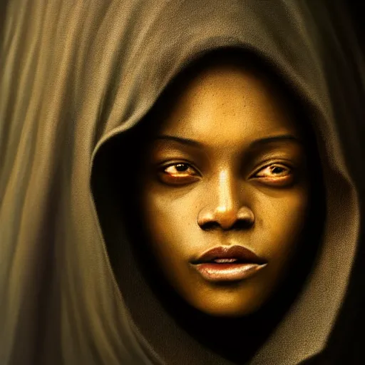 Image similar to a portrait of a young black woman wearing a long dark cloak, hood and shadows covering face, anatomically correct, beautiful perfect face, enigmatic, oil painting, matte painting, black background, Volumetric dynamic lighting, Highly Detailed, Cinematic Lighting, Unreal Engine, 8k, HD, by Beksinski