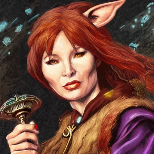 Image similar to Character portrait, face close up: Half Elf Female Celestial Warlock (with imp familiar). Tori Amos avenging angel. In the style of Ralph Horsley