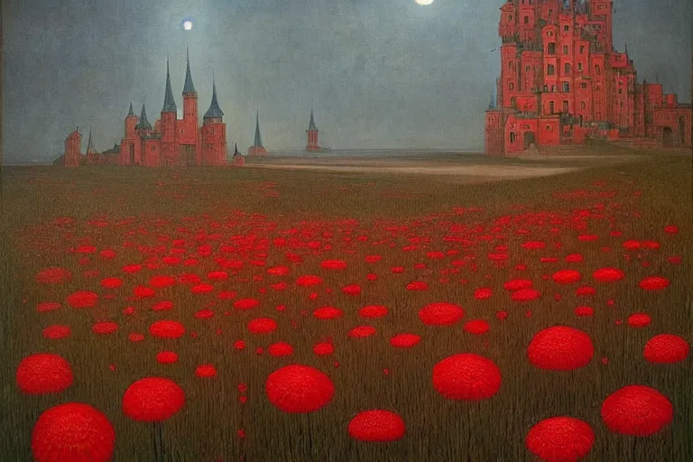 Image similar to only with red, red flowers of different types, a red tiger, a castle in the background, medieval demons dance over the flowers, an ancient path, in the style of beksinski, part by hopper, part by rodcenko, part by hofbauer, intricate composition, red by caravaggio, insanely quality, highly detailed, masterpiece, red light, artstation