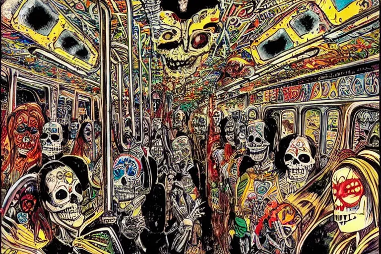 Image similar to scene from interior of a subway car, lunch, day of all the dead, skeletons, artwork by philippe druillet