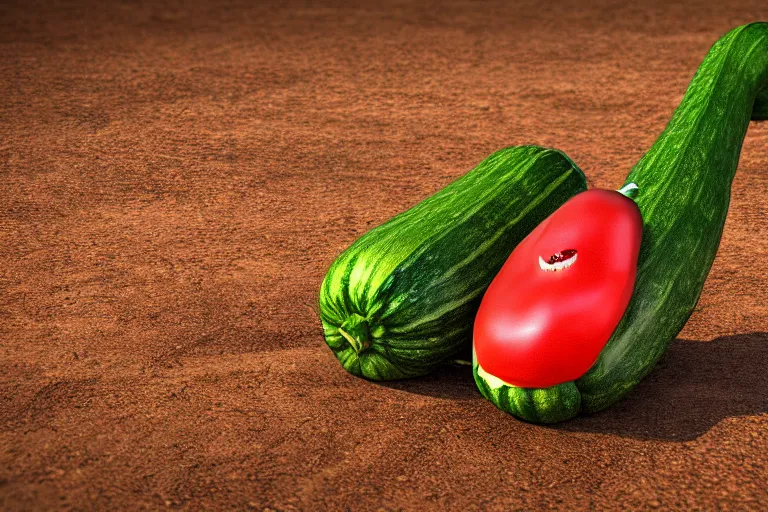 Prompt: detailed 3 d render of a mad zucchini with a long sword running down a dirt road chasing after a panicking tomato, hyper realistic octane render, dramatic lighting, high speed chase, wide angle, nightmare, surrealism