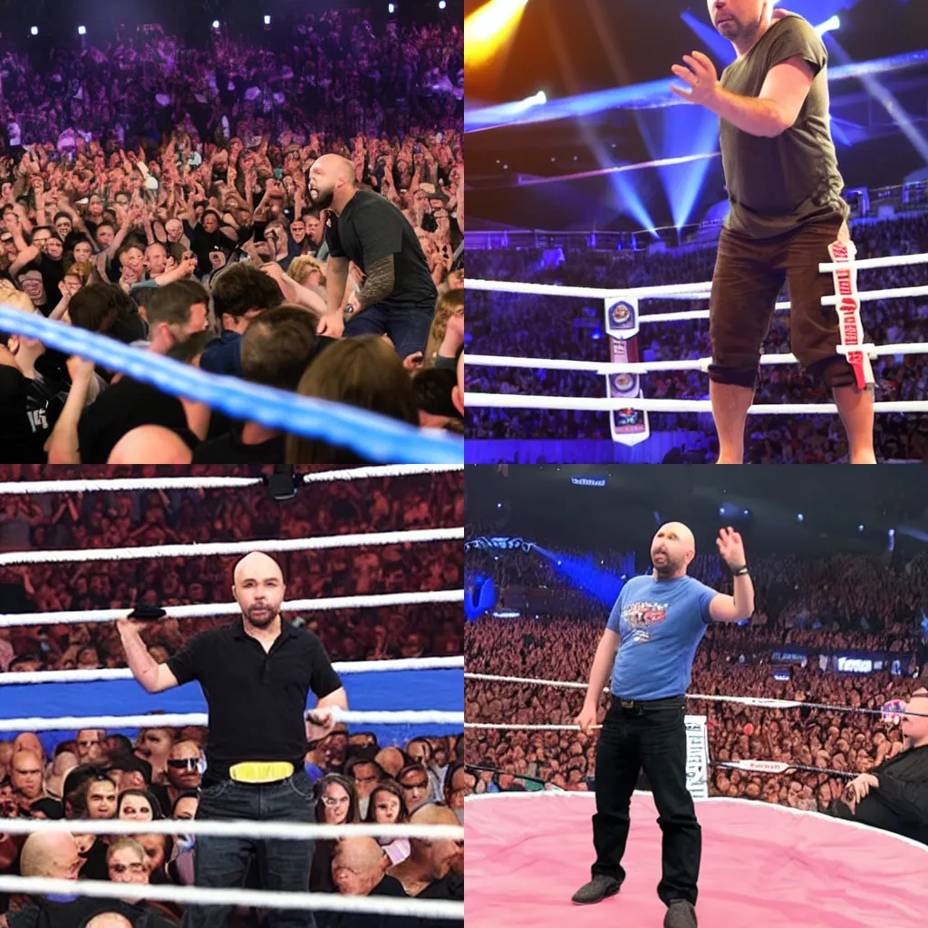 Prompt: photo of Karl Pilkington stood in the middle of a WWE SmackDown ring, arena, hyped audience