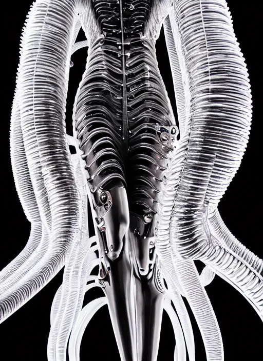 Image similar to walking down the catwalk, steven klein, show, stage, vogue photo, podium, fashion show photo, iris van herpen, beautiful woman, full body shot, masterpiece, inflateble shapes, alien, giger, plant predator, guyver, jellyfish, wires, veins, white biomechanical details, wearing epic bionic cyborg implants, highly detailed