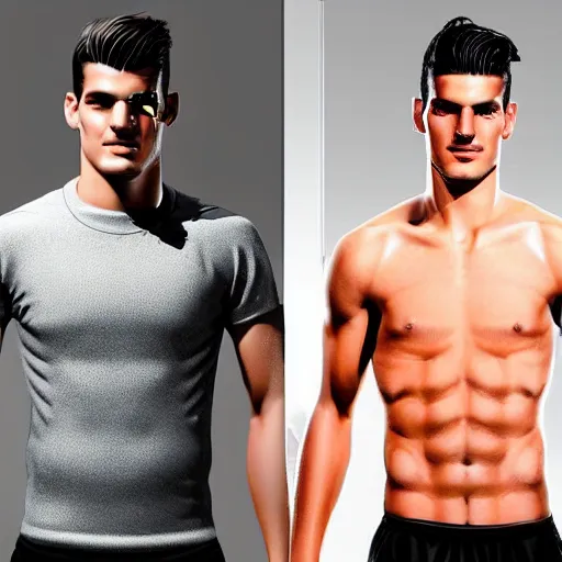 Prompt: a realistic detailed photo of a guy who is an attractive humanoid who is half robot and half humanoid, who is a male android, soccer player alvaro morata, shiny skin, posing like a statue, blank stare, in a living room, on display, showing off his muscles, with a twin