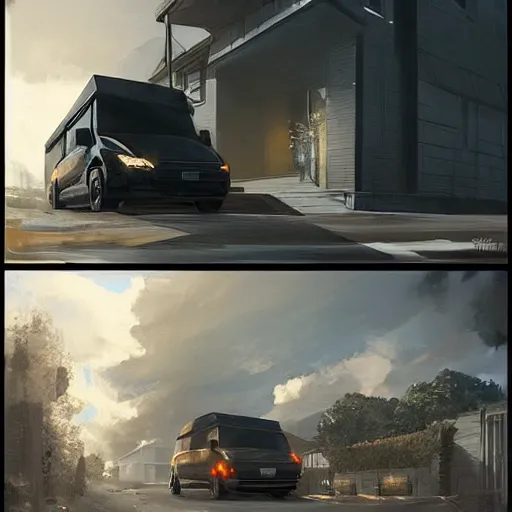 Prompt: a windowless black van parked on the street in front of an expensive modern house in a nice neighborhood, dramatic lighting, illustration by Greg rutkowski, yoji shinkawa, 4k, digital art, concept art, trending on artstation