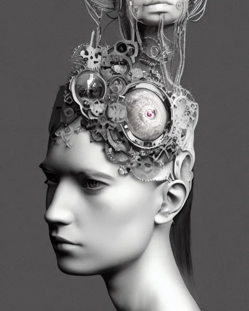 Image similar to black and white dreamy foggy smoky profile face portrait, one silver steampunk eye biomechanical beautiful young female cyclope - cyborg - robot bust, body ribs meshes,, volumetric light, hibiscus flowers, by hg giger, rim light, by dora maar and cecile beaton, big gothic fashion pearl embroidered collar, 8 k