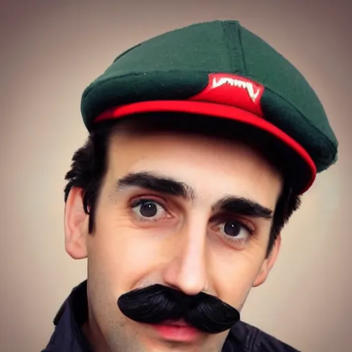 Image similar to photo of a dark haired man with long face, dark brown eyes and eyelashes, moustache, long nose, stubble wearing red newsboy cap like mario