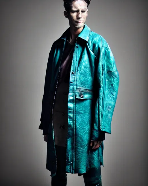 Image similar to an award - winning photo of a male model wearing a baggy teal distressed medieval leather menswear field jacket by issey miyake, 4 k, studio lighting, wide angle lens