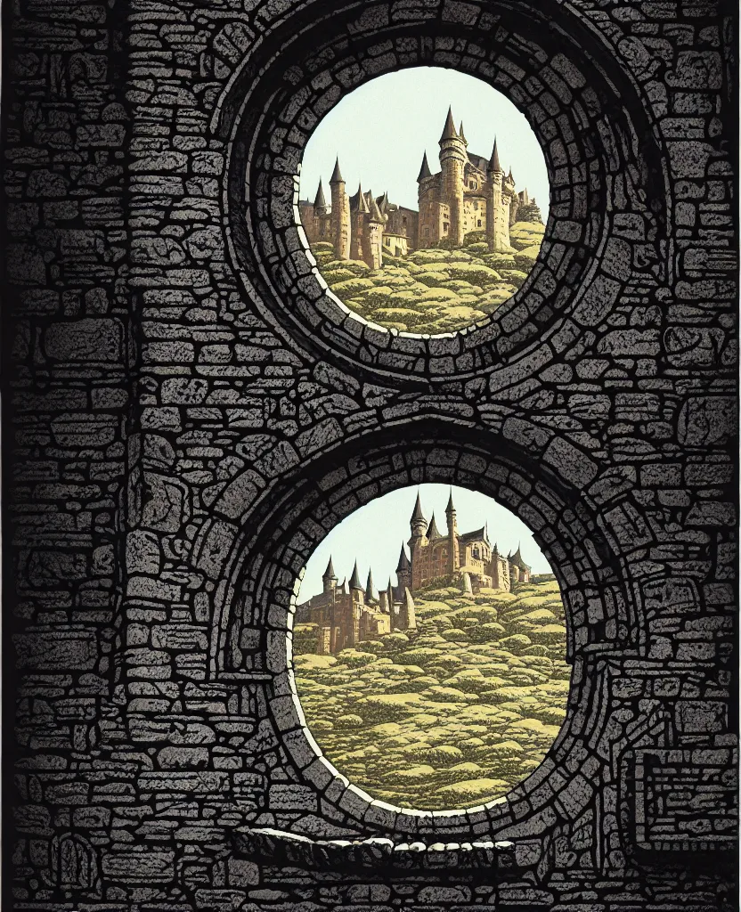 Prompt: stone wall inside of a majestic castle, round window, high details, intricately detailed, by vincent di fate, inking, 3 color screen print, masterpiece, trending on artstation,, sharp, details, hyper - detailed, hd, 4 k, 8 k