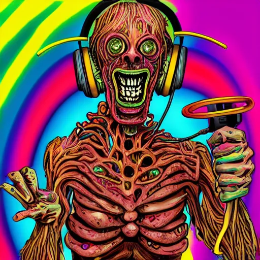 Image similar to artgerm, psychedelic laughing cronenberg horror creature, from a b - grade horror film, rocking out, headphones dj rave, digital artwork, r. crumb, svg vector