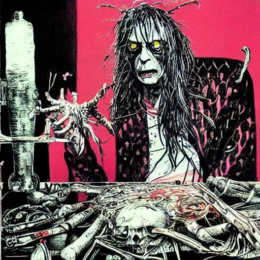 Image similar to graphic illustration, creative design, alice cooper, biopunk, by ralph steadman, francis bacon, highly detailed, concept art, hunter s thompson