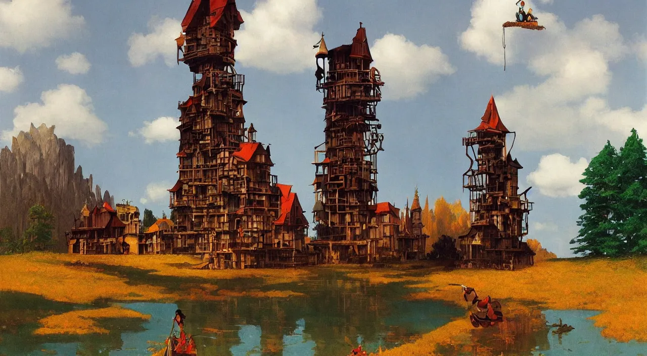 Prompt: single flooded simple fantasy wooden tower, very coherent and colorful high contrast!! masterpiece by rene magritte simon stalenhag carl spitzweg syd mead norman rockwell edward hopper james gilleard, minimalist, dark shadows, sunny day, hard lighting