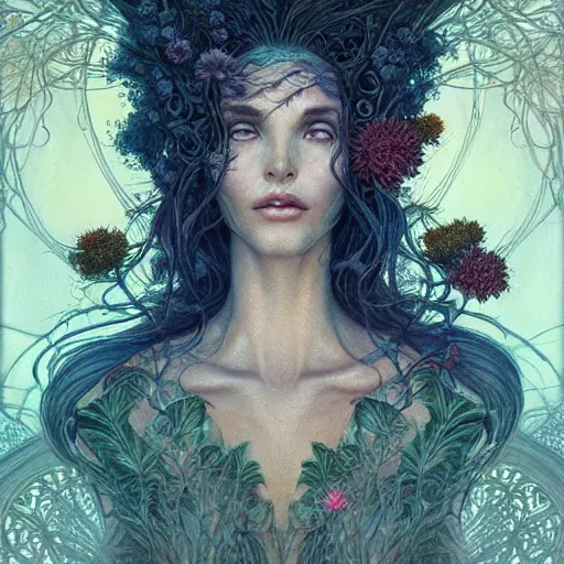 Image similar to a beautiful detailed front view portrait of a woman with ornate growing around, ornamentation, flowers, elegant, beautifully lit, by wayne barlowe, peter mohrbacher, kelly mckernan,