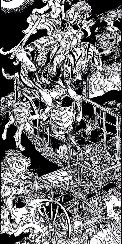 Image similar to man riding a chariot car being pulled by tigers colored and drawn by Junji Ito.