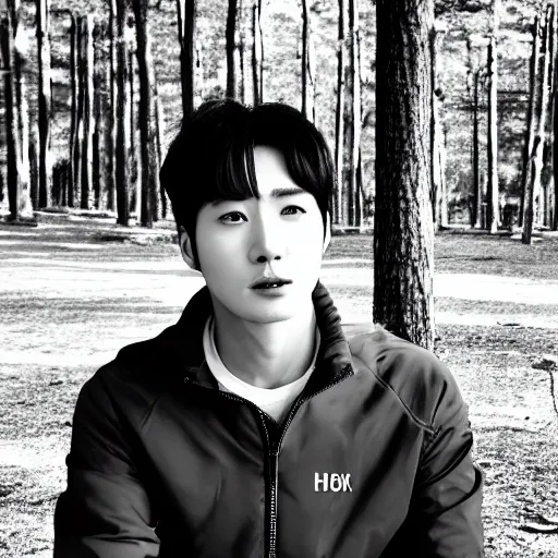 Prompt: male korean actor with tribal facial scarring sitting in a forest, hyper realistic, black and white portrait, 8 k resolution,