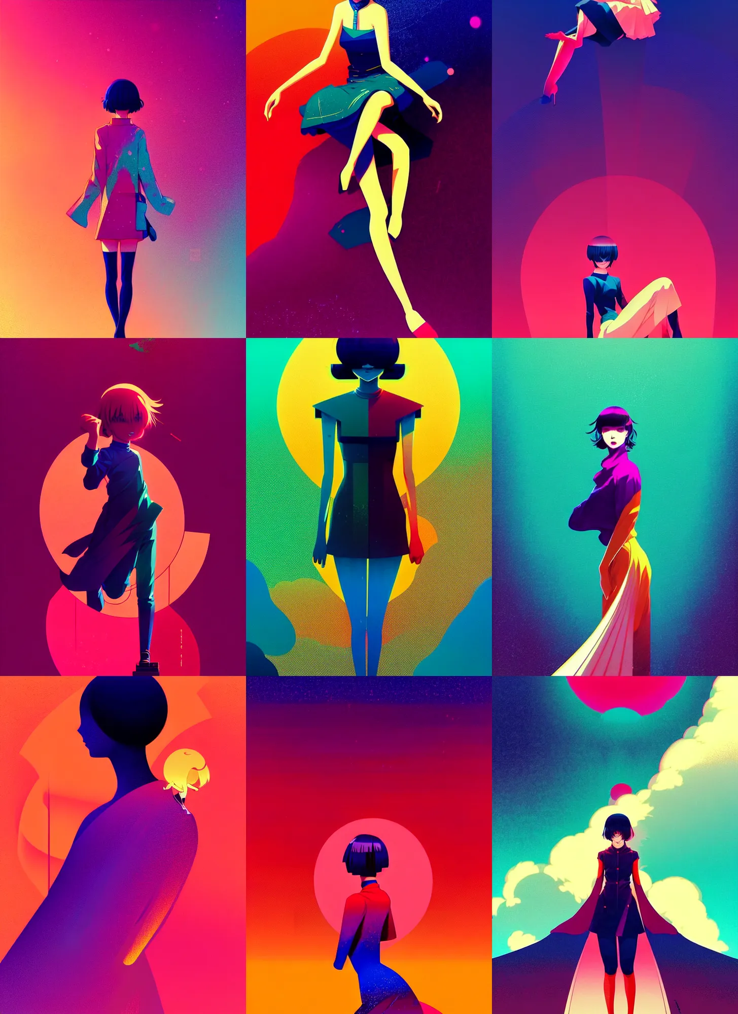 Prompt: ( ( dither ) ), editorial illustration of a cute anime girl posing, dynamic pose, modern art deco, colorful, ( ( mads berg ) ), christopher balaskas, victo ngai, rich grainy texture, detailed, dynamic composition, wide angle, moebius, volumetric, kyoani, yoshinari yoh